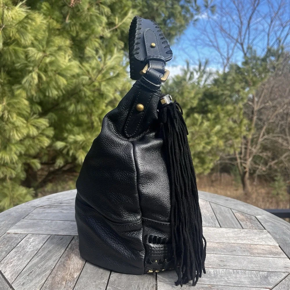 Calvin Klein Hobo Shoulder Bag Black Pebbled Leather Studded Tassel Accent Purse